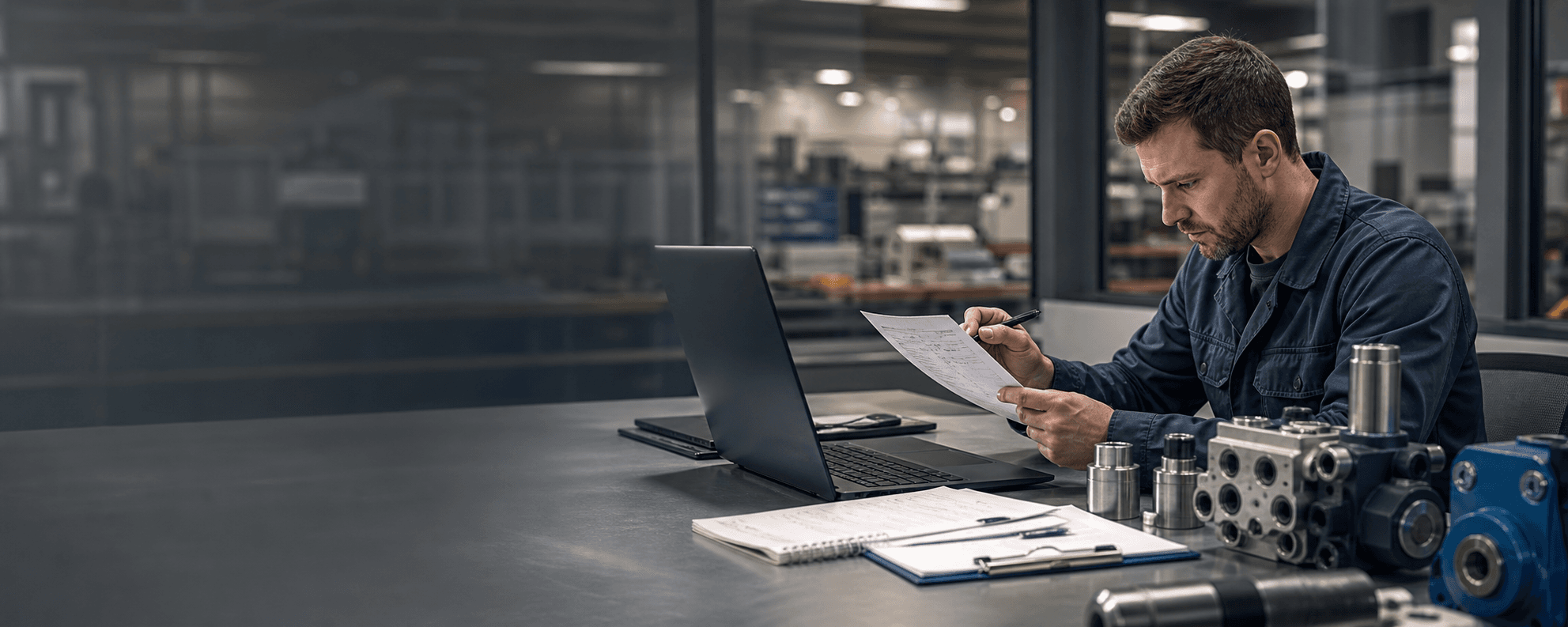 Industrial support team member reviewing customer feedback with hydraulic components