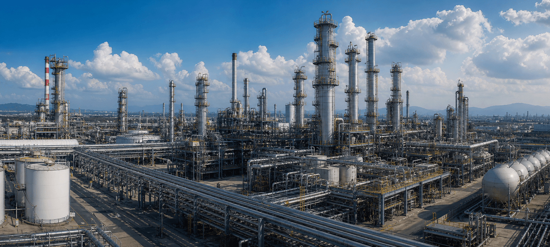 Large industrial complex with process towers, tanks, and utility piping